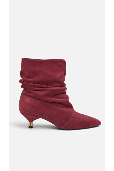 ESSO LA MİA Model Giselle Short-Heeled Boots Genuine Leather Burgundy Suede