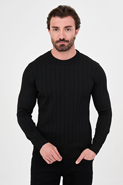 Mcr Ribbed Slim Fit Crew Neck Cotton Men's Knitwear Sweater Black - 11621.26K