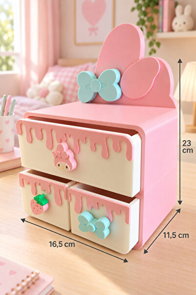 Neo Gift Pembe Fiyonk Temalı 2 Katlı 3 Çekmeceli Çok Amaçlı Çocuk Odası Organ...