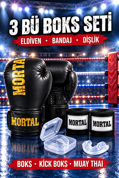 PLUSSPORT Mortal 3'lü Boks Seti Boks Eldiveni Boks Bandajı Dişlik Kick Boks E...