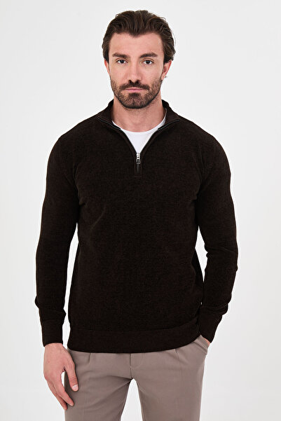 Mcr Plain Slim Fit Stand Collar Zippered Chenille Men's Knitwear Sweater Brow...