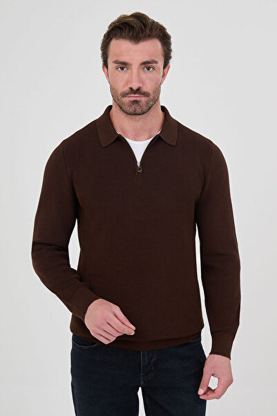 Mcr Ribbed Slim Fit Polo Collar Zippered Men's Cotton Knit Sweater Brown - 11...