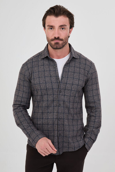 Mcr Checkered Slim Fit Classic Collar Lumberjack Long Sleeve Men's Shirt Beig...