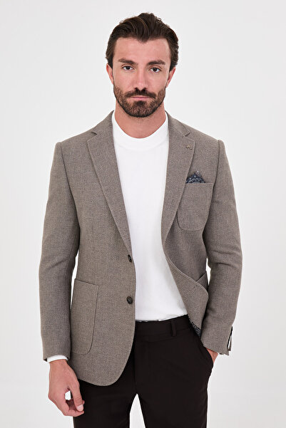 Mcr Textured Slim Fit Mono Collar Pocket Premium Wool Blend Men's Jacket Mink...