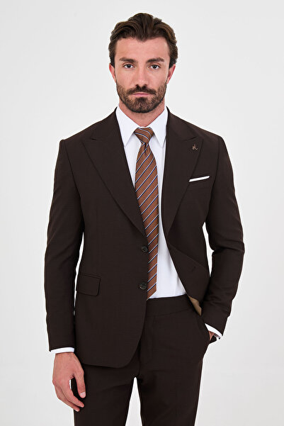 Mcr Plain Slim Fit Wide Collar Vestless Wool Blend Men's Suit with Handkerchi...