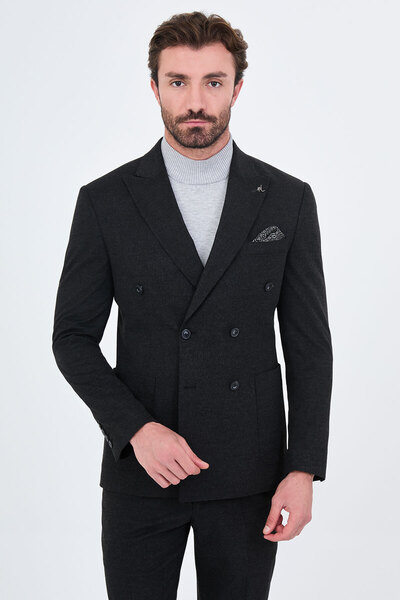 Mcr Plain Slim Fit Wide Collar Double Breasted Wool Blend Men's Suit with Poc...