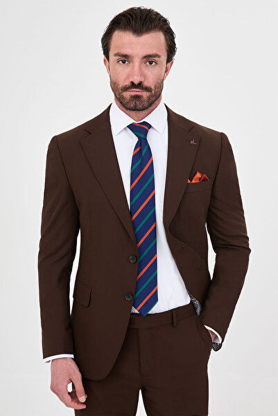 Mcr Plain Slim Fit Mono Collar Vestless Wool Blend Men's Suit Light Brown - 4...
