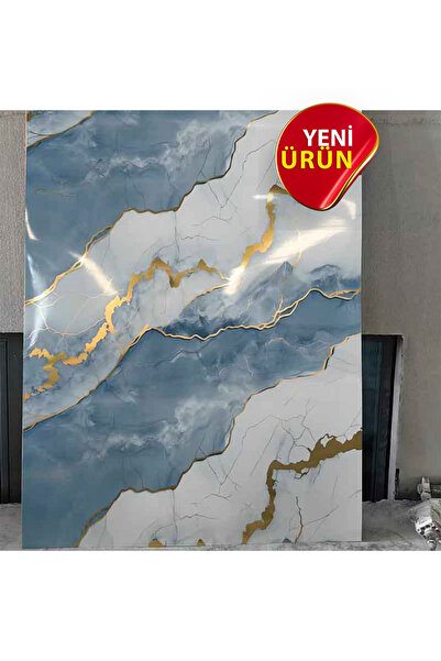 BienHome 10 Adet, Mermer Desenli Kendinden Yapışkanlı Mutfak Kaplama Pvc Panel 30x60 cm Kolay Kullanım Hemen Çözüm Pratik Kaplama Açık Buz Mavisi Gold Renkler