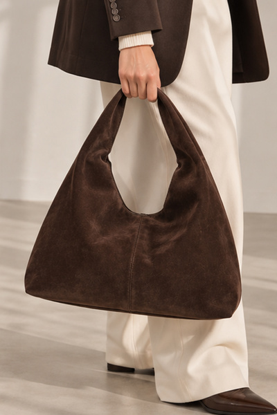 FARBAG KAHVERENGİ SÜET roma Kadın Büyük Boy Yumuşak Omuz Çantası Vintage Model