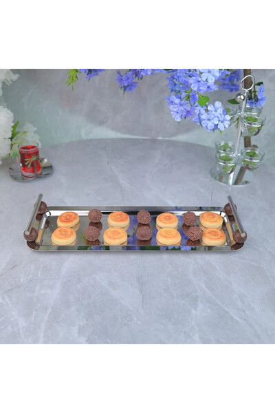 Al Hadaya Mall Stylish Design Stainless Steel and Wood Rectangular Serving Tr...