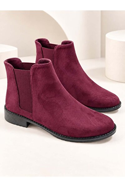 dabab shoes MARAL Kadın Bordo Süet Yuvarlak Burun Lastik Detaylı 3 Cm Topuklu...