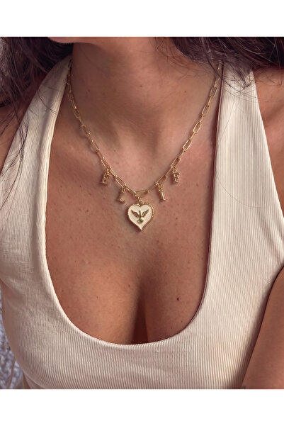Gleemy accesories Kişiye Özel Harfli Anka Kuşu Figürlü Kalp Gold Zincir Kolye