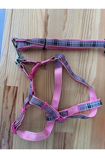 Metal Klipsli, Koyu Pembe Ekose Desenli Göğüs Tasması