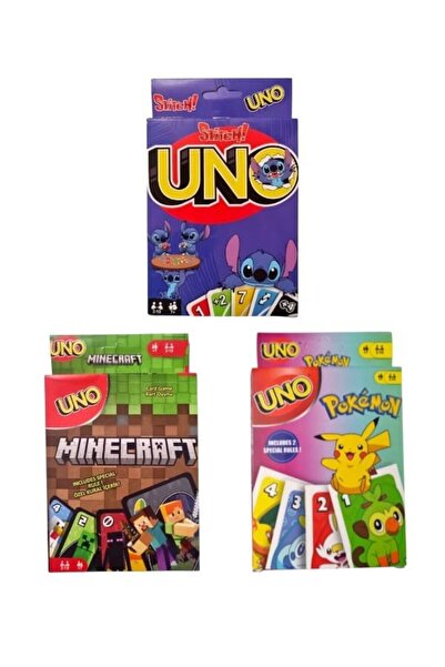 Oyunsal Minecraft Uno + Pokemon Uno + Stitch Uno Oyun Kartları 3'lü Set