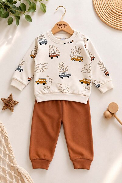 dinamik çocuk Baby boy safari car patterned long sleeve seasonal top and bott...