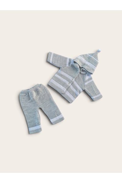 Appamio Unisex Bebek Kapüşonlu Triko Takım - Gri Beyaz
