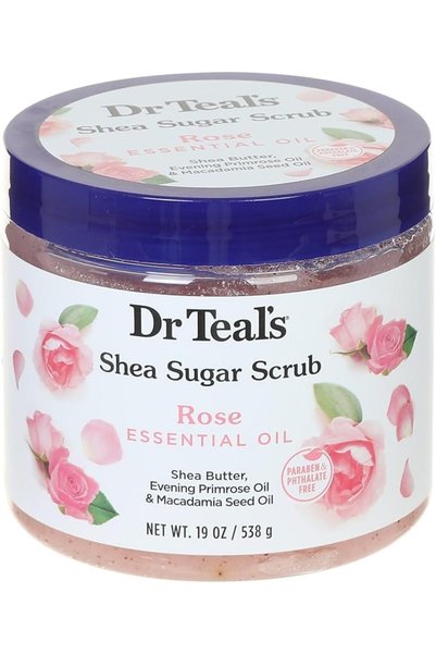 Dr. Teal's Inc مقشر الجسم بزبدة الشيا والسكر وزيت الورد من دكتور تيلز، 538 جم