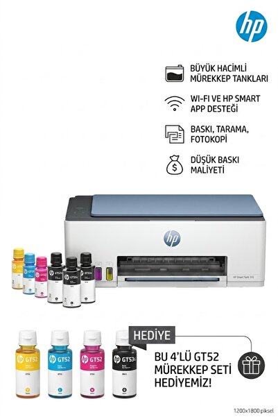 HP Smart Tank 585 Fotokopi Tarayıcı Wi-Fi Yazıcı - 4 Renk Yedek Mürekkep ve Yazıcı Kablosu Paketi