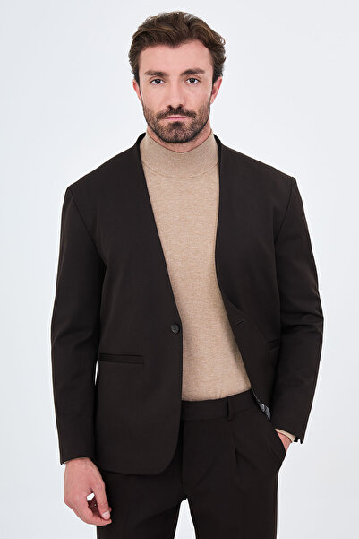 Mcr Straight Oversize Collarless Men's Suit with Pleated Trousers Coffee - 45...