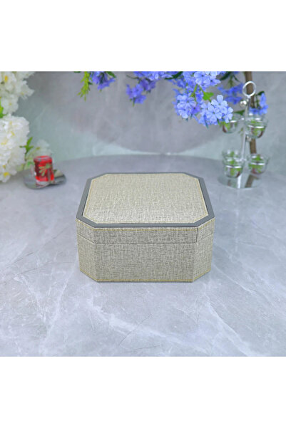 Al Hadaya Mall Beige Wooden Box with Fabric and Wood Design - Gray - 25X25X12 cm