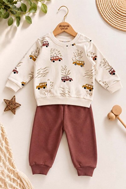 dinamik çocuk Baby boy safari car patterned long sleeve seasonal top and bott...