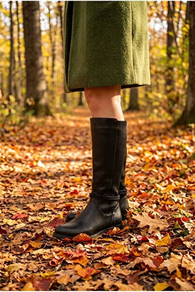 Buem Women's Zippered Below-Knee Long Black Leather Flexible Boots with Acces...