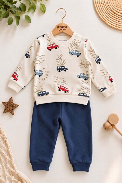 dinamik çocuk Baby boy safari car patterned long sleeve seasonal top and bott...