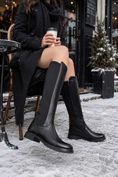 Buem Women's Zippered Below-Knee Long Black Leather Flexible Boots (Back Made...