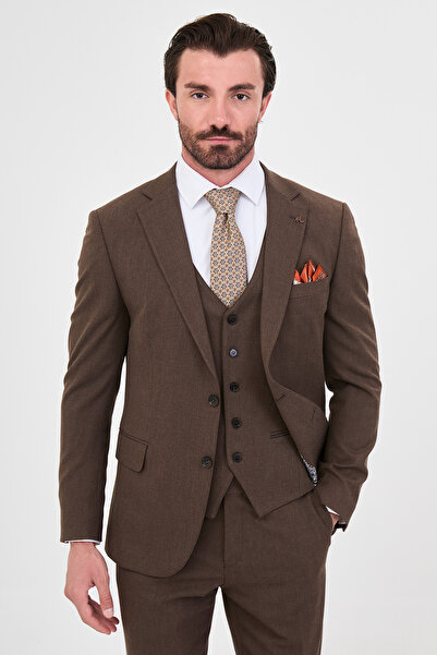 Mcr Straight Slim Fit Mono Collar Vest Wool Blend Men's Suit Coffee - 45484.26K