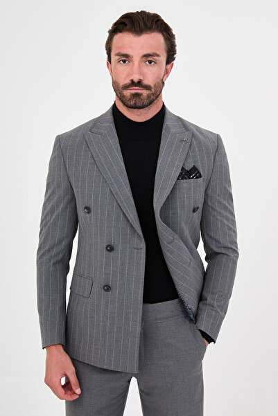 Mcr Striped Slim Fit Wide Collar Double Breasted Italian Style Double Leg Tro...
