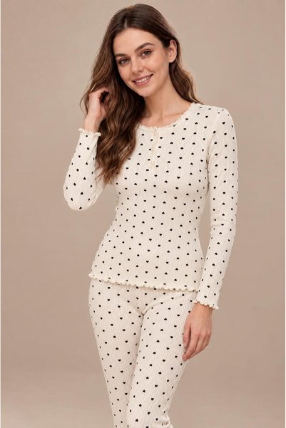 cotonhause Women's Long Sleeve Half Placketed Report Interlock White Pajama Set C1T3N98