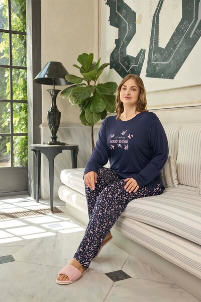 Aydoğan Kadın Büyük Beden Good Things Lacivert İnci Pijama Takımı 0646
