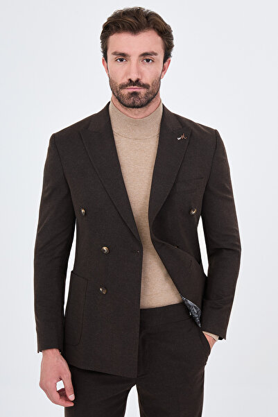 Mcr Plain Slim Fit Wide Collar Double Breasted Wool Blend Men's Suit with Poc...