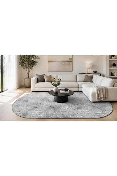 Dijidekor Halı Fitilli Gri Oval Saçaksız Salon Halısı Mutfak Halısı Paspas Yo...