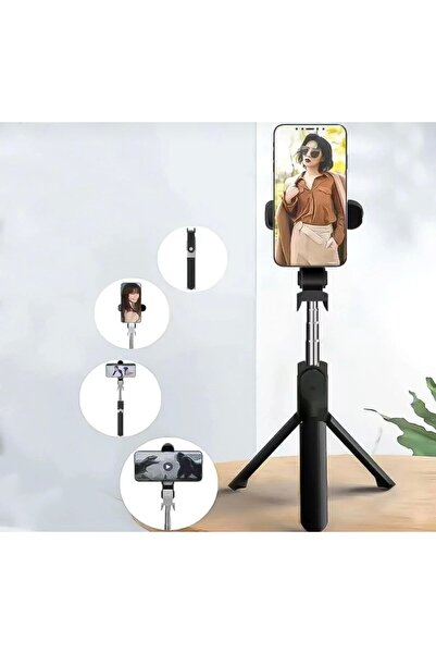 Düz Siyah Bluetooth Kumandalı Selfie Çubuğu-monopod Telefon Tutucu