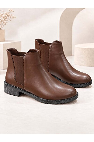 dabab shoes MARAL Kadın Acı Kahve Cilt Yuvarlak Burun Lastik Detaylı 3 Cm Top...