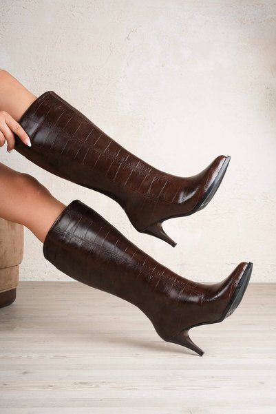 Macelife Women's Crocodile Patterned Croco 7cm Thin Heeled Boots