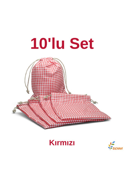 DEHNA Kırmızı Pötikare 10'lu Bez Kese Büzgülü Hediye Takı Lavanta Düzenleyici...