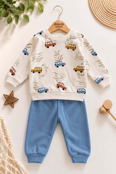 dinamik çocuk Baby boy safari car patterned long sleeve seasonal top and bott...