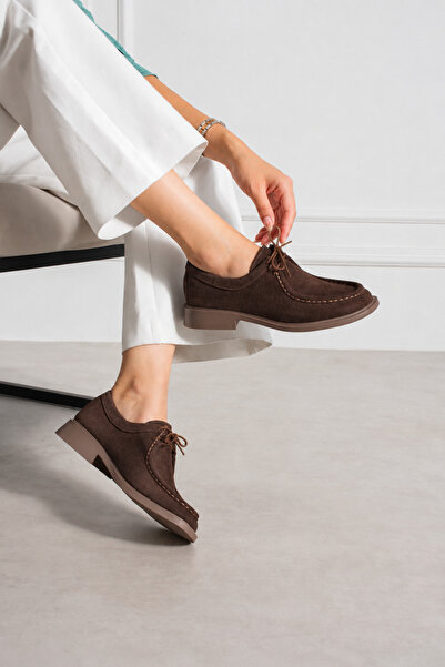 KM shoes Kadın kahve Süet Bağcıklı Casual Kalın Taban Loafer Ayakkabı