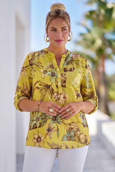 Chiccy Italian Mustard Court Collar Long Sleeve Patterned Sequin Pocket Casua...