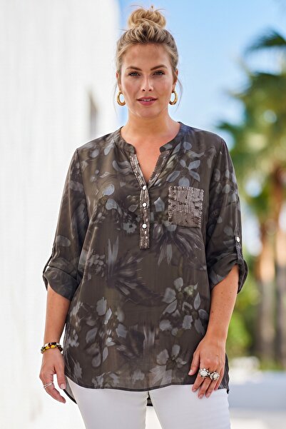 Chiccy Italian Brown Judge Collar Long Sleeve Patterned Sequin Pocket Casual ...