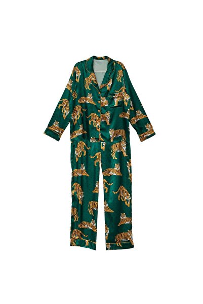 OEM Set Pijama de Iarna Verde Satinata cu Model Tigrat pentru Femei