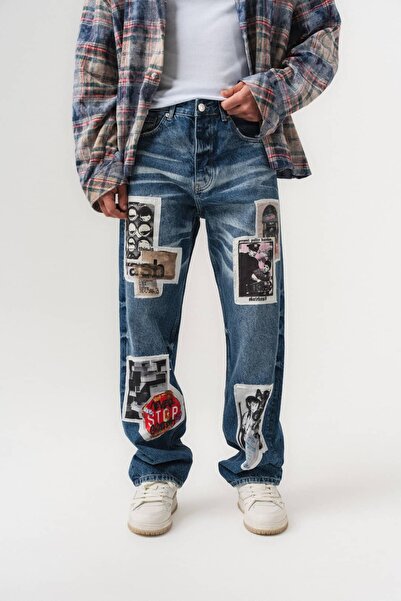 go gang own Pantaloni bărbați stil urban, cu detalii tip patch, din denim, cr...