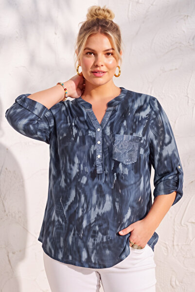 Chiccy Italian Indigo Hakim Collar Long Sleeve Patterned Sequin Pocket Casual...