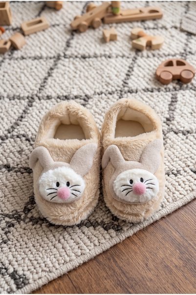 Moda Devrin Unisex Bej Bebek & Çocuk Sevimli Tavşan Figürlü Peluş Ev Pandufu - Kaydırmaz Tabanlı Sıcak Tutan Patik Terlik
