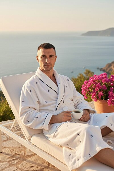 VAROL Marin Series Men's Velvet Bathrobe 100% Cotton Shawl Collar Anchor Embr...