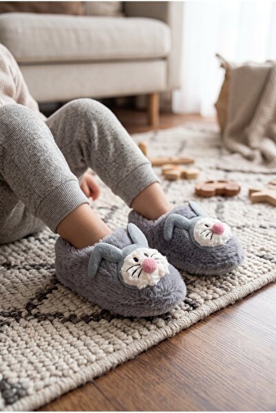 Moda Devrin Unisex Gri Bebek & Çocuk Sevimli Tavşan Figürlü Peluş Ev Pandufu ...