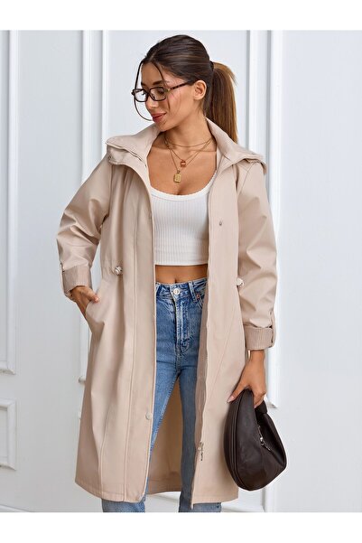 ladyzey معطف نسائي من Ladzyzey باللون البيج متوسط ​​الطول مع غطاء للرأس وحزام...