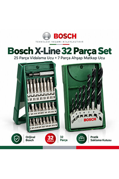 Bosch X-Line 32 Parça Vidalama ve Ahşap Matkap Ucu Seti 25+7 Parça